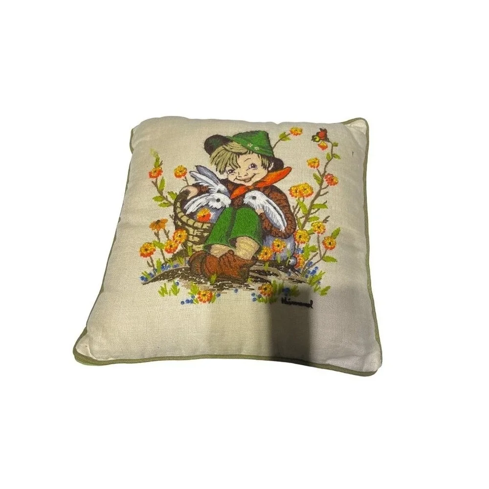 Vintage Hummel Needlepoint Pillow With Boy & Rabbits Design
